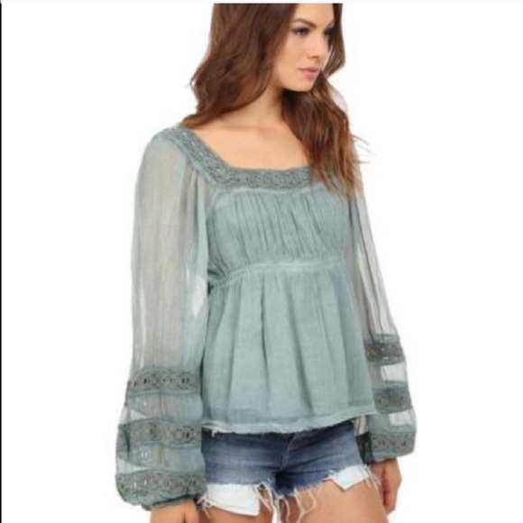 Free People Green Peasant Blouse Moonchaser Sz XS - Picture 2 of 7